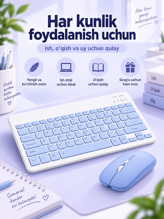 Simsiz Bluetooth klaviatura va sichqoncha, zaryadlanuvchi, Android iOS Windows