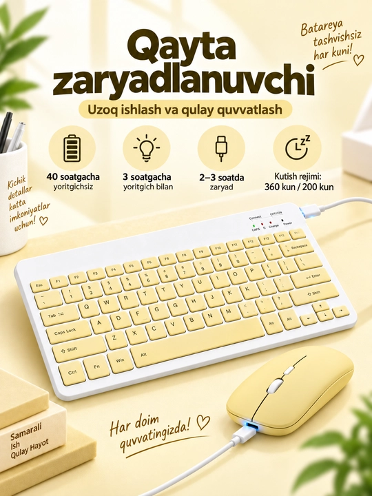 Simsiz Bluetooth klaviatura va sichqoncha, zaryadlanuvchi, Android iOS Windows