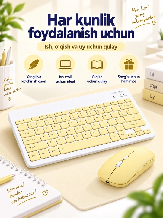 Simsiz Bluetooth klaviatura va sichqoncha, zaryadlanuvchi, Android iOS Windows