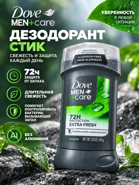 Мужской дезодорант-стик Dove Men+Care Extra Fresh без алюминия, защита 72 часа, 85 г - 