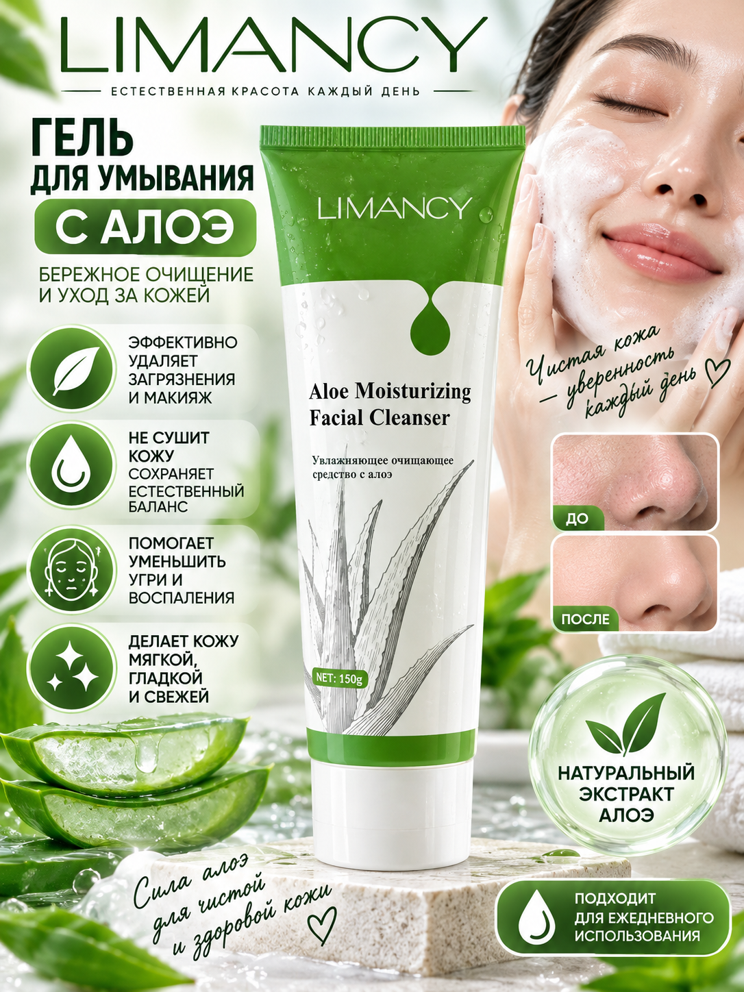 LIMANCY aloe bilan yuz yuvish geli, tozalash, namlantirish va yumshoq parvarish, 150 g - 