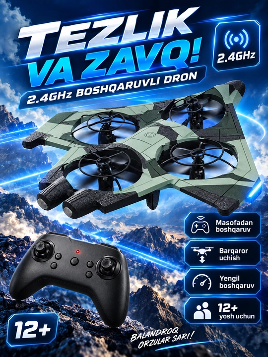 Velocity E72 masofadan boshqariladigan samolyot-dron, 2.4 GHz, pultli, 12+ - 