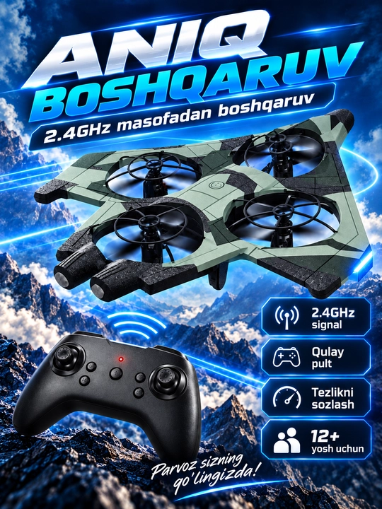 Velocity E72 masofadan boshqariladigan samolyot-dron, 2.4 GHz, pultli, 12+