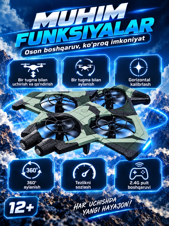 Velocity E72 masofadan boshqariladigan samolyot-dron, 2.4 GHz, pultli, 12+