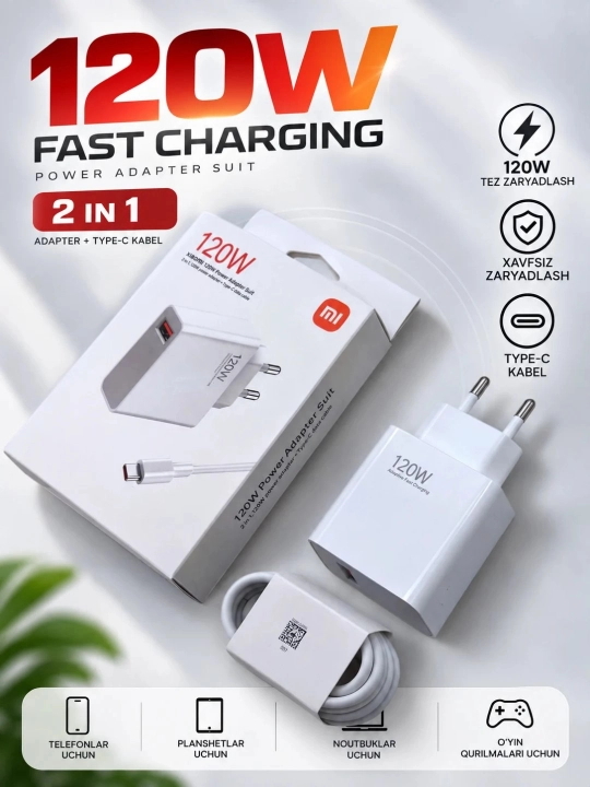 Xiaomi Быстрая зарядка 2 в 1 — адаптер + кабель Type-C, 33W / 67W / 120W