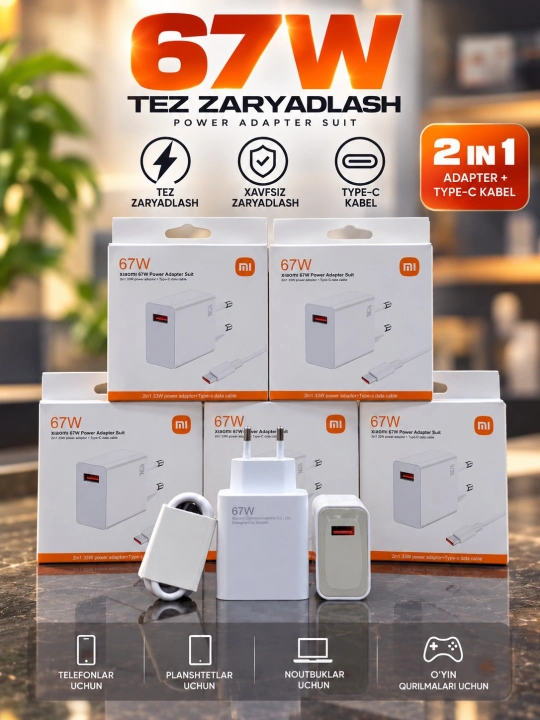 Xiaomi Быстрая зарядка 2 в 1 — адаптер + кабель Type-C, 33W / 67W / 120W