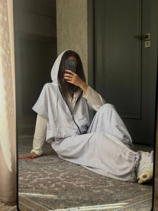 Ayollar kostyum-troyka Oversize,  kapyushonli jilet va longsliv, 46–50