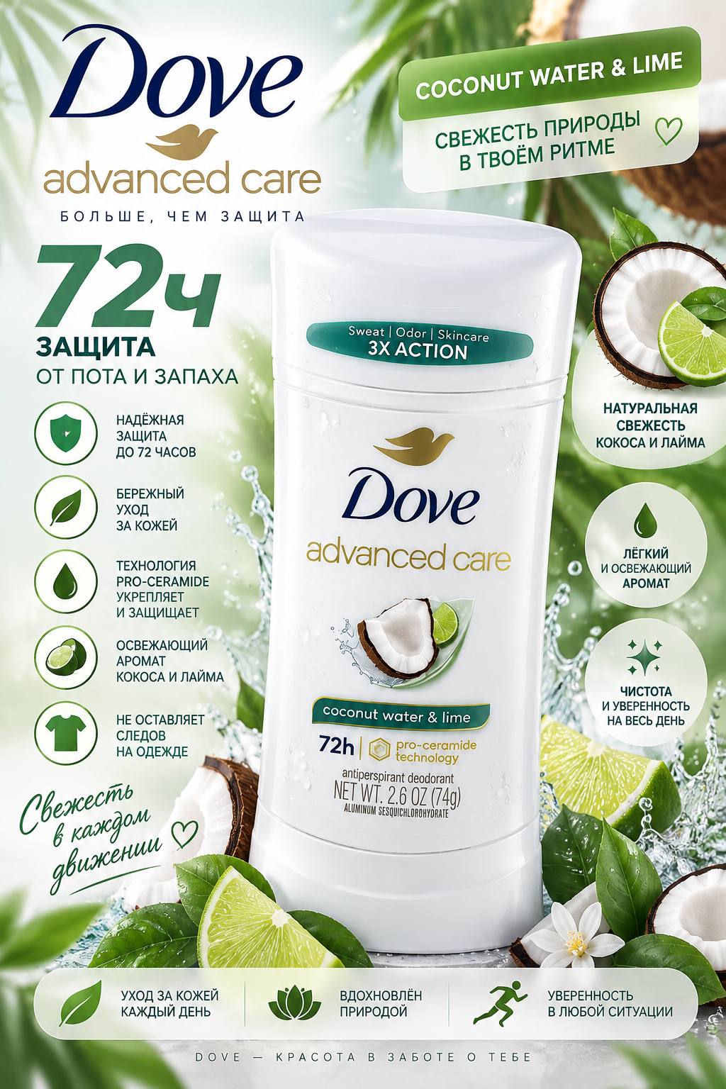 Dove Advanced Care Дезодорант-антиперспирант для женщин, 74 г - 