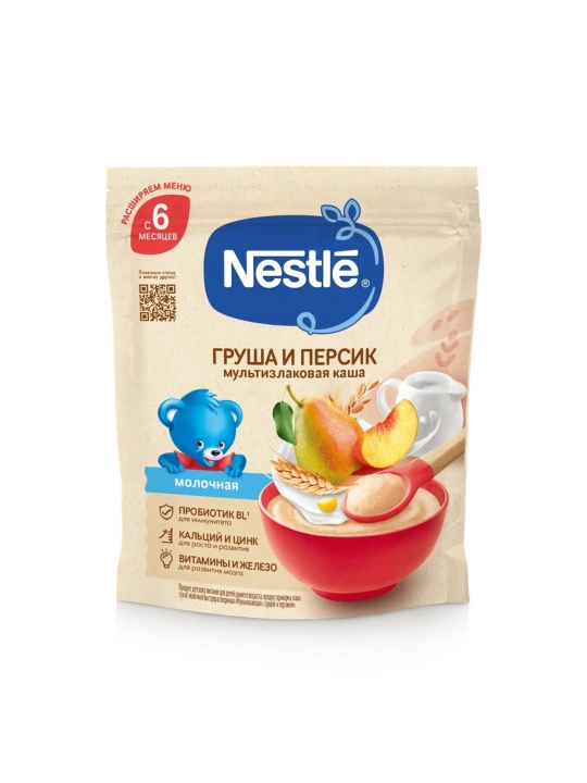 NESTLE® sutli ko‘pzraxli bo‘tqa, nok va shaftoli bilan, 6 oylikdan boshlab, 200 g - 
