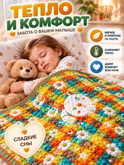 Детское мягкое покрывало 120×110 см — уютное многослойное покрывало для сна, отдыха и игр