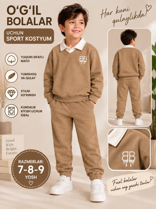 O‘g‘il bola uchun sport kostyumi, svitshot va joggerlar, zamonaviy kundalik to‘plam, 7-9 yosh