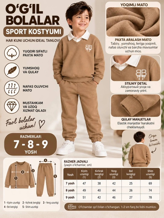 O‘g‘il bola uchun sport kostyumi, svitshot va joggerlar, zamonaviy kundalik to‘plam, 7-9 yosh