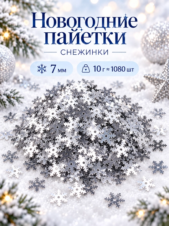 Пайетки - снежинки новогодние для декора и рукоделия, 10 г, голографические и белые