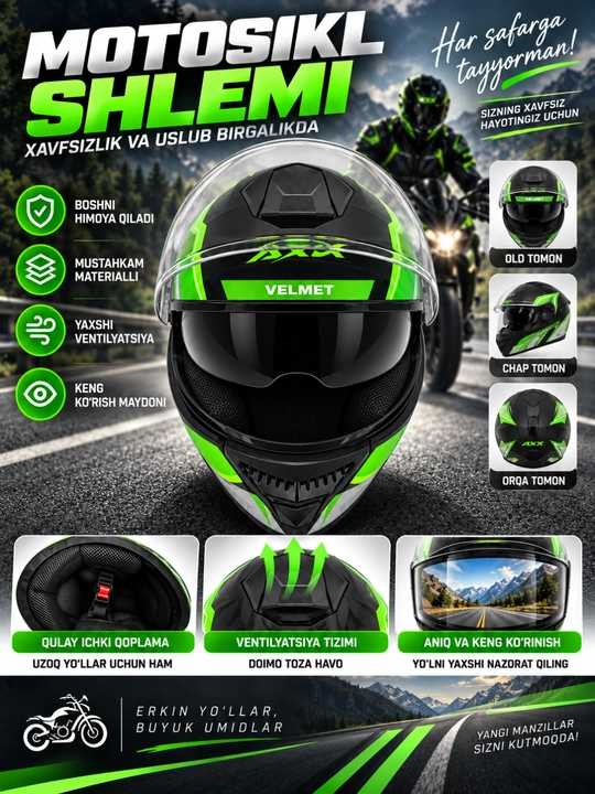 AXK moto shlem – mototsikl va skuter uchun himoya kaskasi