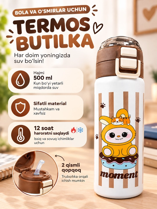 Термос бутылка, детская бутылка, бутылка с трубочкой, для воды, для девочек - 