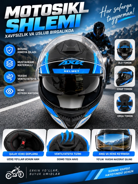 AXK moto shlem – mototsikl va skuter uchun himoya kaskasi
