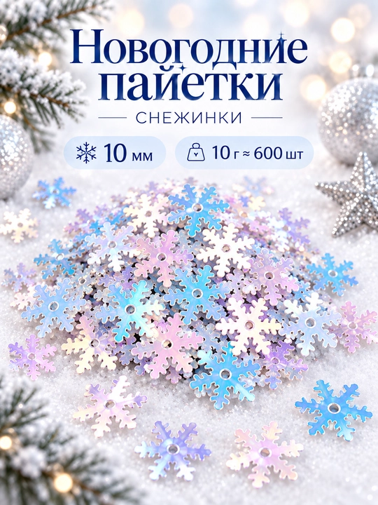 Пайетки - снежинки новогодние для декора и рукоделия, 10 г, голографические и белые