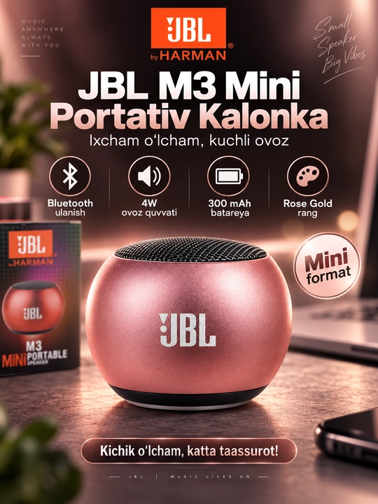 JBL M3 Mini Bluetooth portativ kolonka, simsiz, 4W, 300 mAh, Rose Gold - 