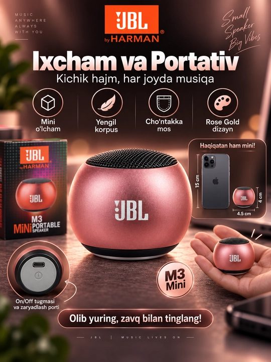 JBL M3 Mini Bluetooth portativ kolonka, simsiz, 4W, 300 mAh, Rose Gold