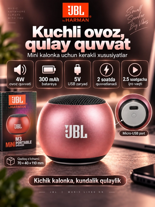 JBL M3 Mini Bluetooth portativ kolonka, simsiz, 4W, 300 mAh, Rose Gold