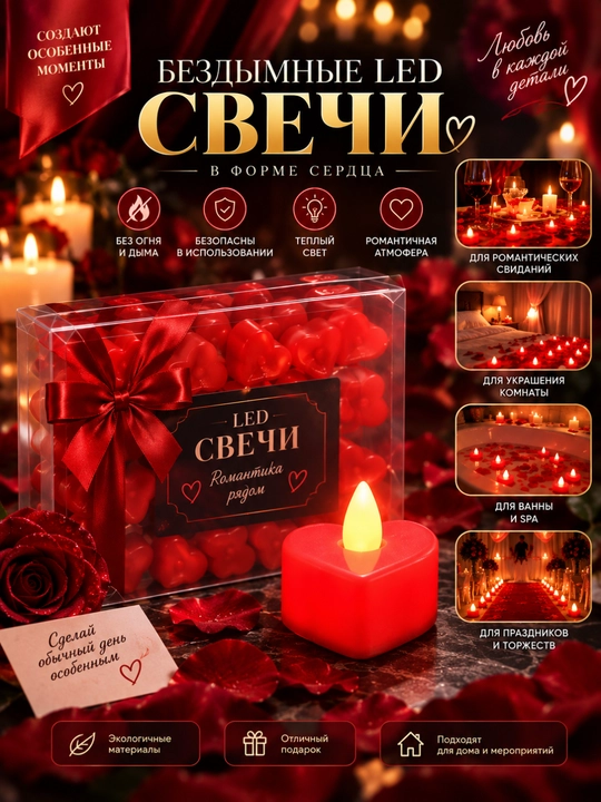 Бесфитильные LED свечи в форме сердца — для праздников, Merry Me и романтики - 