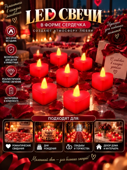 Бесфитильные LED свечи в форме сердца — для праздников, Merry Me и романтики