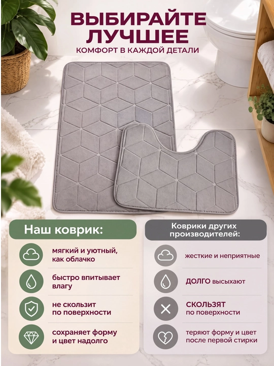 Коврик для ванной и туалета, противоскользящий, 2 штуки, с вырезом