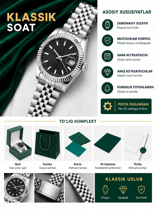 Sovg‘a qutisi, hujjatlar va paketli erkaklar qo‘l soati, bayram uchun sovg‘a - 