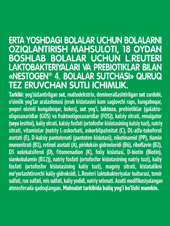 Quruq sut aralashmasi Nestogen 4, prebiyotiklar va laktobakteriyalar bilan, 18+ oy, 900 gr