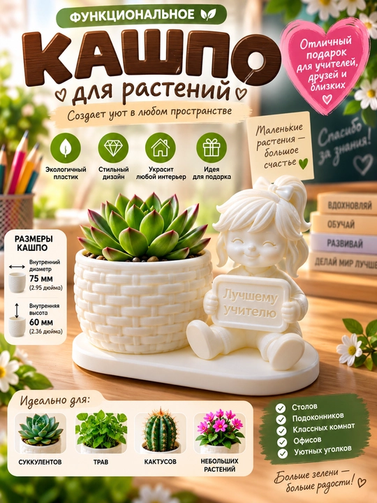 Кашпо для растений с фигуркой "Лучшему учителю" - 