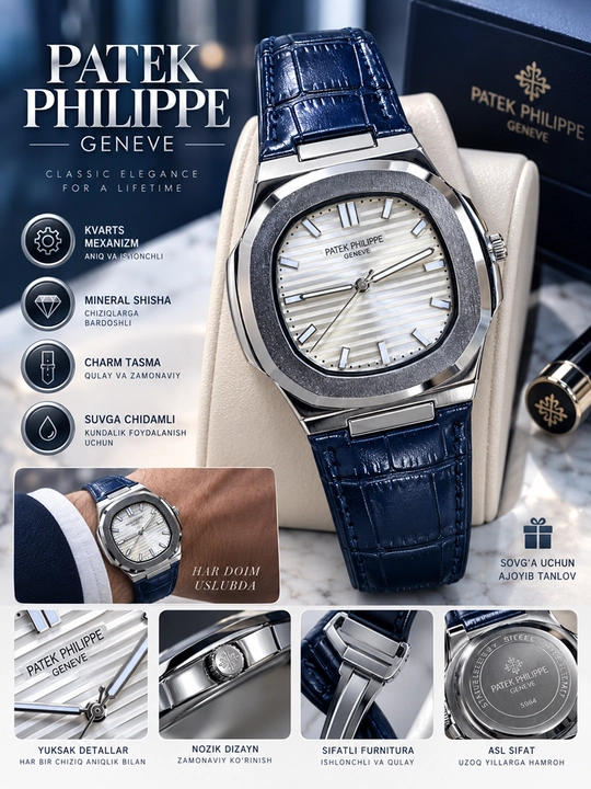 Erkaklar qo‘l soati Patek Philippe, klassik, charm remishokli, oq siferblat