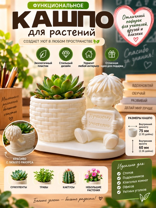 Кашпо для растений с фигуркой "Лучшему учителю" - 