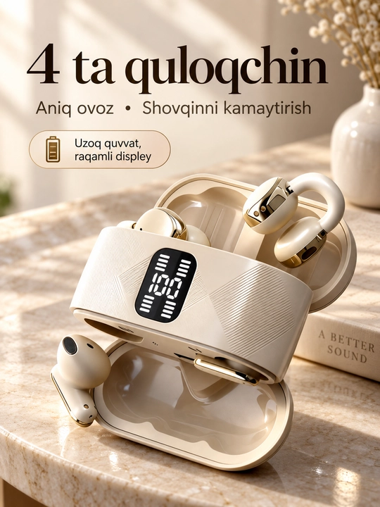 Simsiz Bluetooth quloqchin, 2 juft (4 ta), zaryadlash qutisi va raqamli displey bilan - 