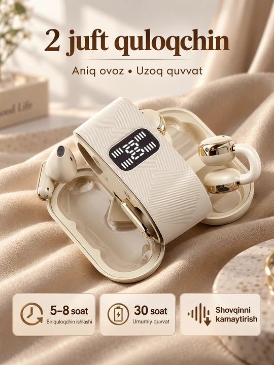Simsiz Bluetooth quloqchin, 2 juft (4 ta), zaryadlash qutisi va raqamli displey bilan
