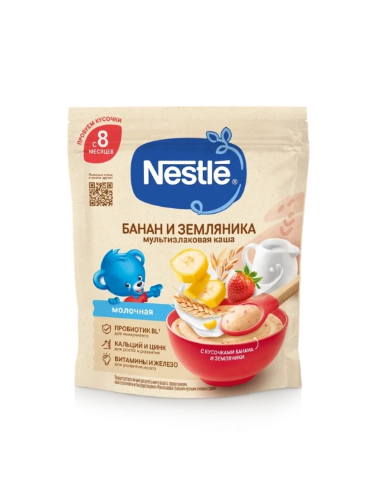 Nestle sutli tez eriydigan bo‘tqasi Banan va 8 oylik qulupnay bilan ko‘p donli 200g