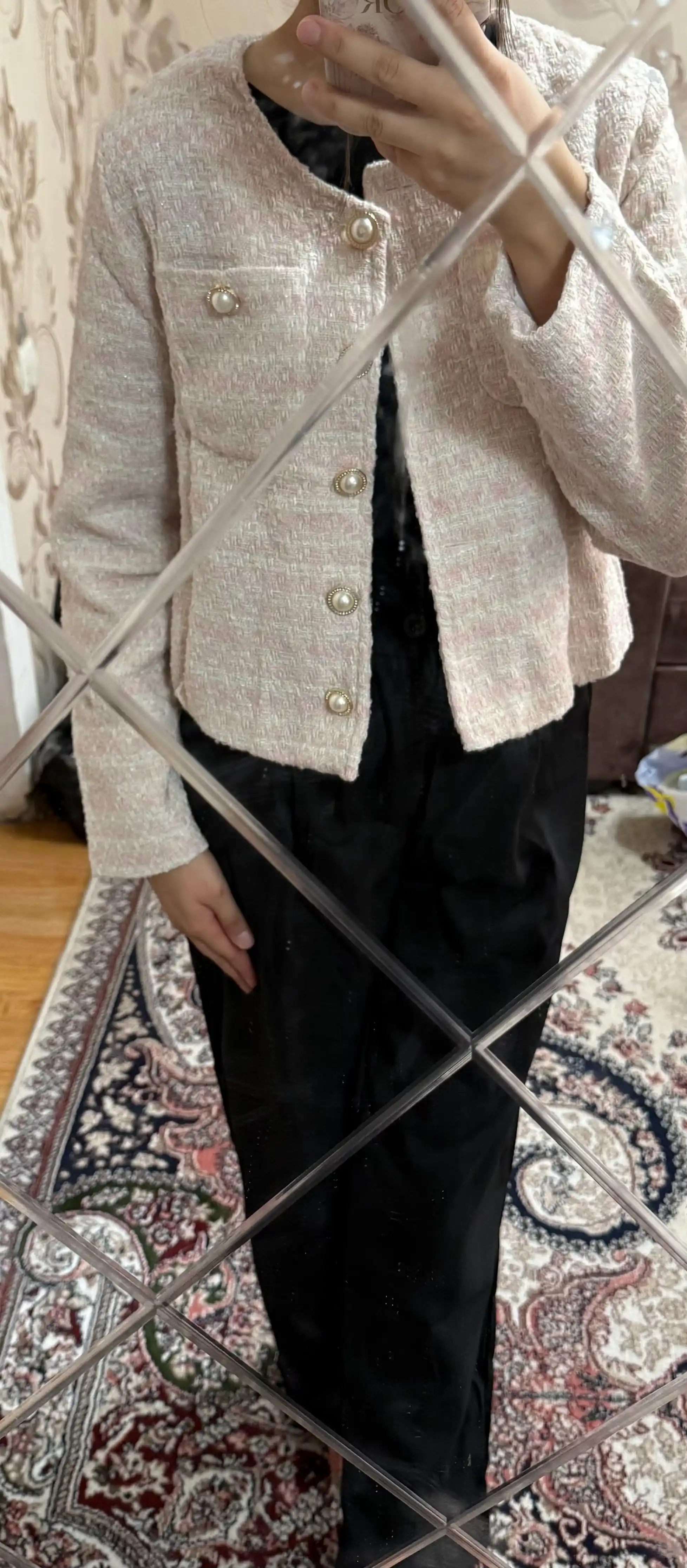 Ayollar uchun qisqa tvid jaket, tugmali klassik pidjak