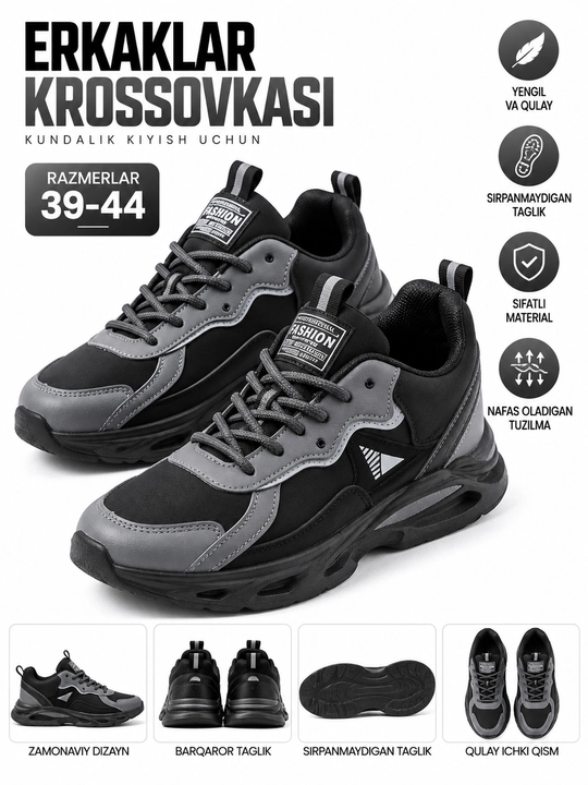 Erkaklar krossovkalari, sport, kundalik kiyish uchun
