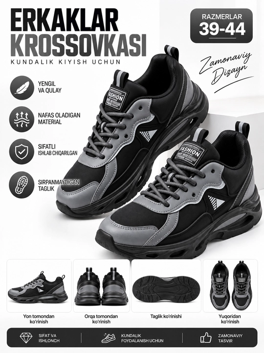 Erkaklar krossovkalari, sport, kundalik kiyish uchun