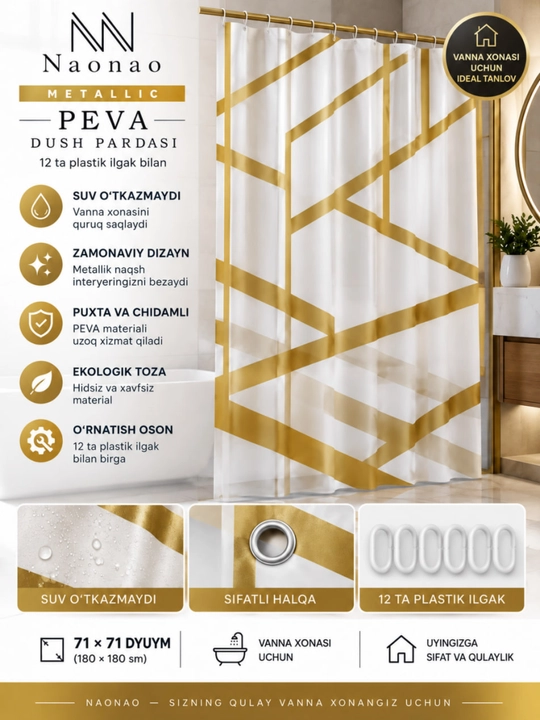 Dush va vanna xonasi uchun 180x180 sm o‘lchamli, 100% PEVA rangli, 12 ta plastik halqaga ega "Navruz Metallic" pardalari - 