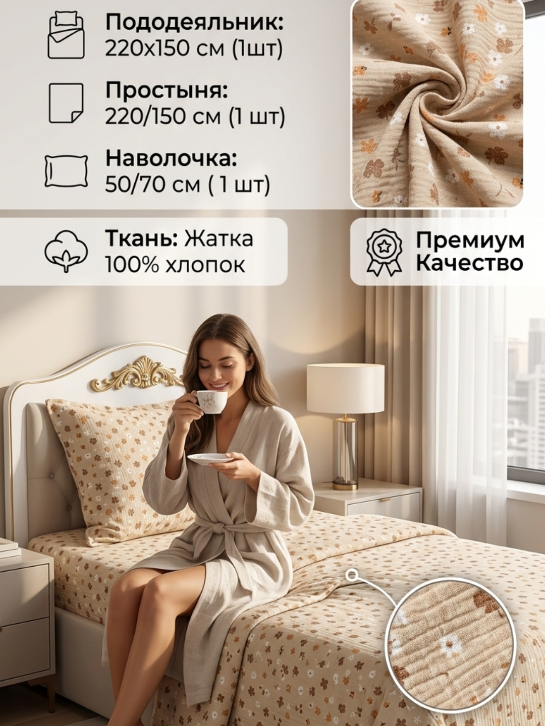 Комплект постельного белья Dantella , 100% хлопок, односпальный, (жатка), муслин - 