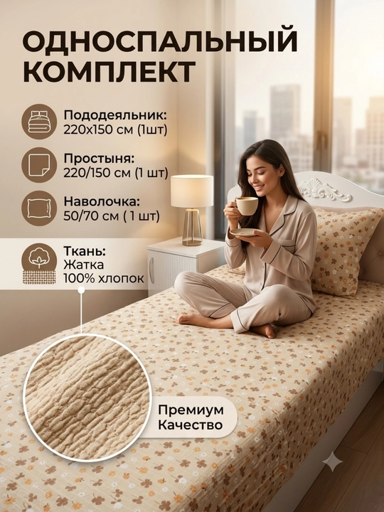 Комплект постельного белья Dantella , 100% хлопок, односпальный, (жатка), муслин