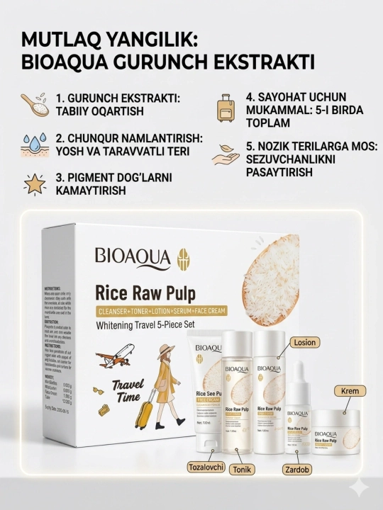 Bioaqua Rice Raw Pulp Whitening Travel 5-Piece Set — Yuz parvarishi uchun sayohat to'plami