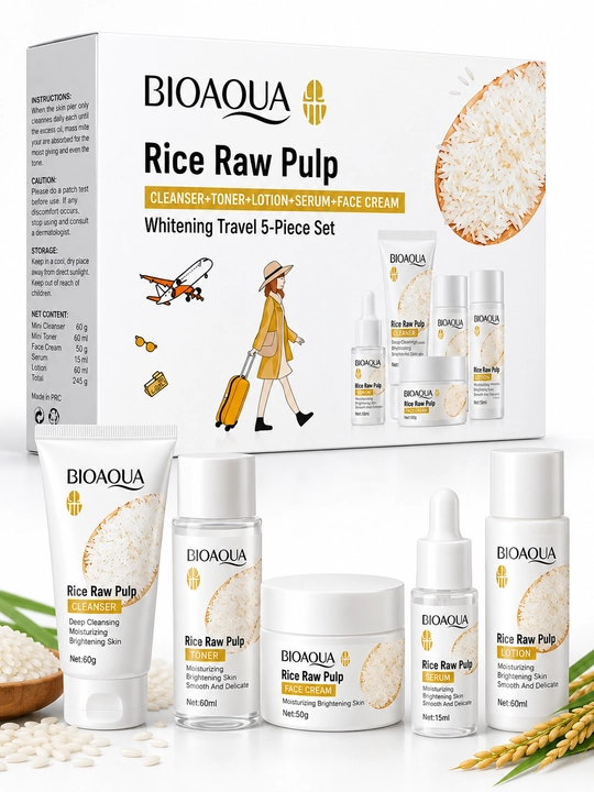 Bioaqua Rice Raw Pulp Whitening Travel 5-Piece Set — Yuz parvarishi uchun sayohat to'plami