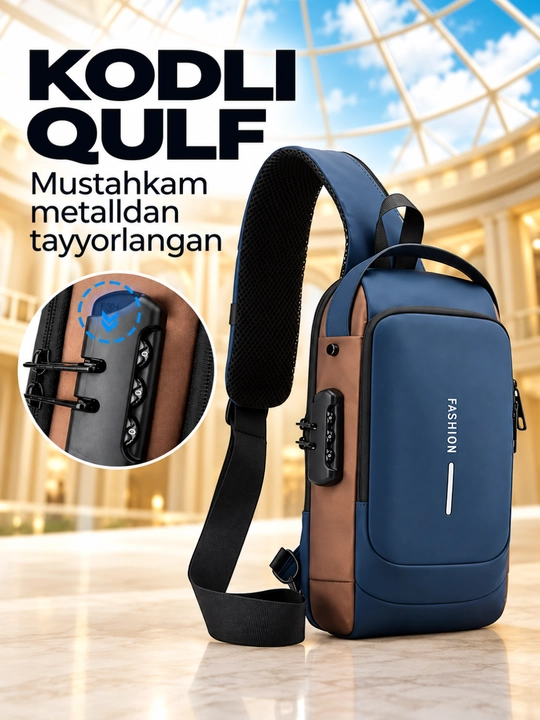 Erkaklar sumkasi, barsetka, bananka, qulfli va USB zaryadlovchi bilan, yelkama