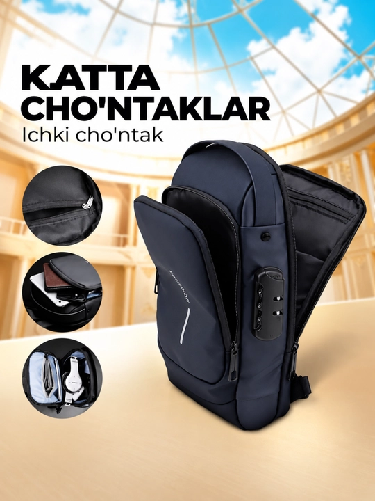 Erkaklar sumkasi, barsetka, bananka, qulfli va USB zaryadlovchi bilan, yelkama