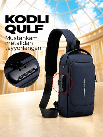 Erkaklar sumkasi, barsetka, bananka, qulfli va USB zaryadlovchi bilan, yelkama
