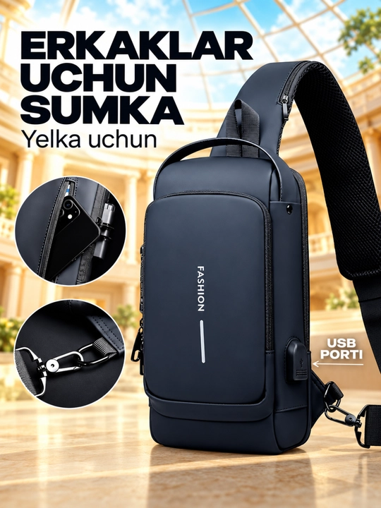 Erkaklar sumkasi, barsetka, bananka, qulfli va USB zaryadlovchi bilan, yelkama