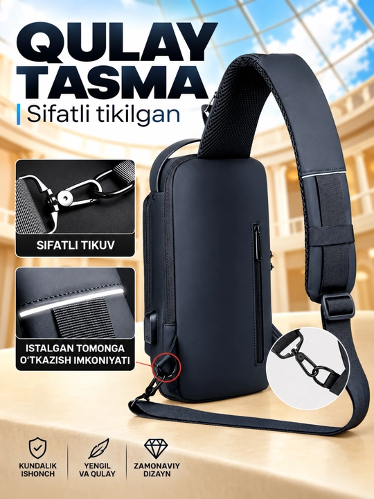 Erkaklar sumkasi, barsetka, bananka, qulfli va USB zaryadlovchi bilan, yelkama