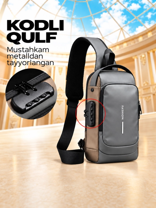 Erkaklar sumkasi, barsetka, bananka, qulfli va USB zaryadlovchi bilan, yelkama