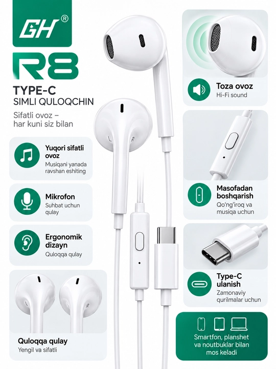 Simli quloqchin R9 Type-C, mikrofonli, masofadan boshqaruvli, bass kuchaytirish funksiyasi
